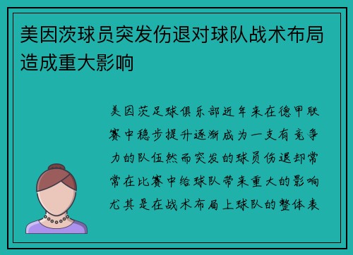 美因茨球员突发伤退对球队战术布局造成重大影响