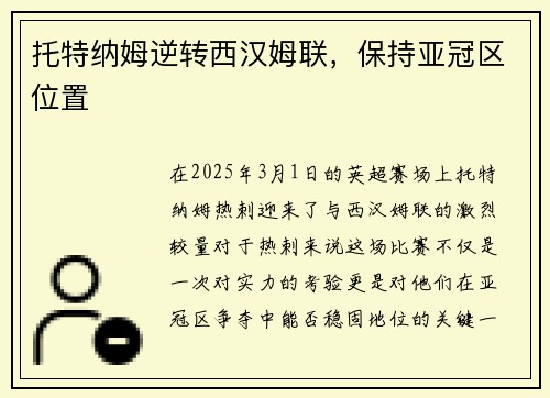 托特纳姆逆转西汉姆联，保持亚冠区位置