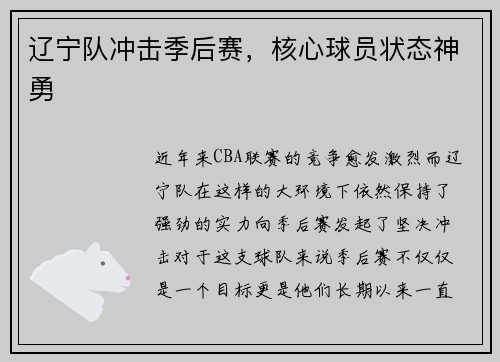 辽宁队冲击季后赛，核心球员状态神勇