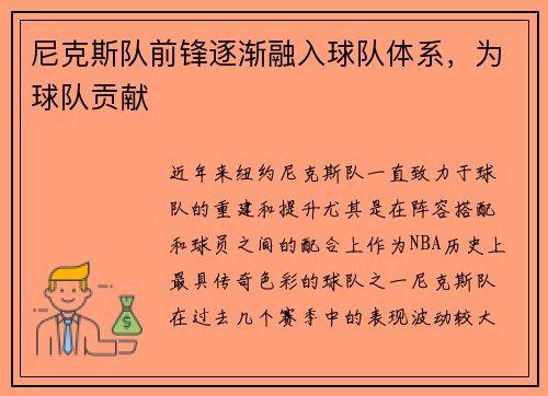 尼克斯队前锋逐渐融入球队体系，为球队贡献