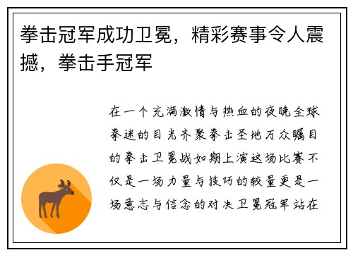 拳击冠军成功卫冕，精彩赛事令人震撼，拳击手冠军